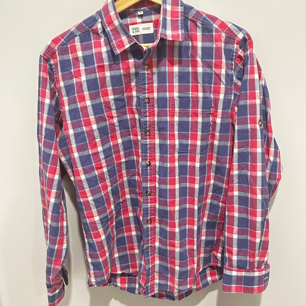 Frank & Oak Red and Blue Casual Button Down Shirt